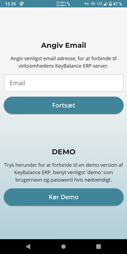 KeyBalance App login skærm med email indtastning