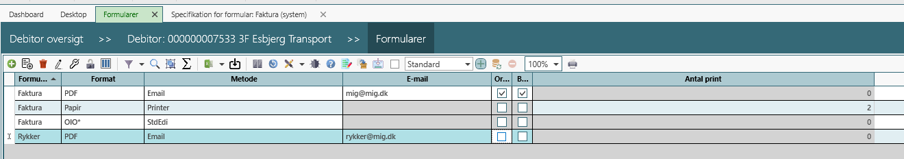 Formular-overstyring på debitorkortet